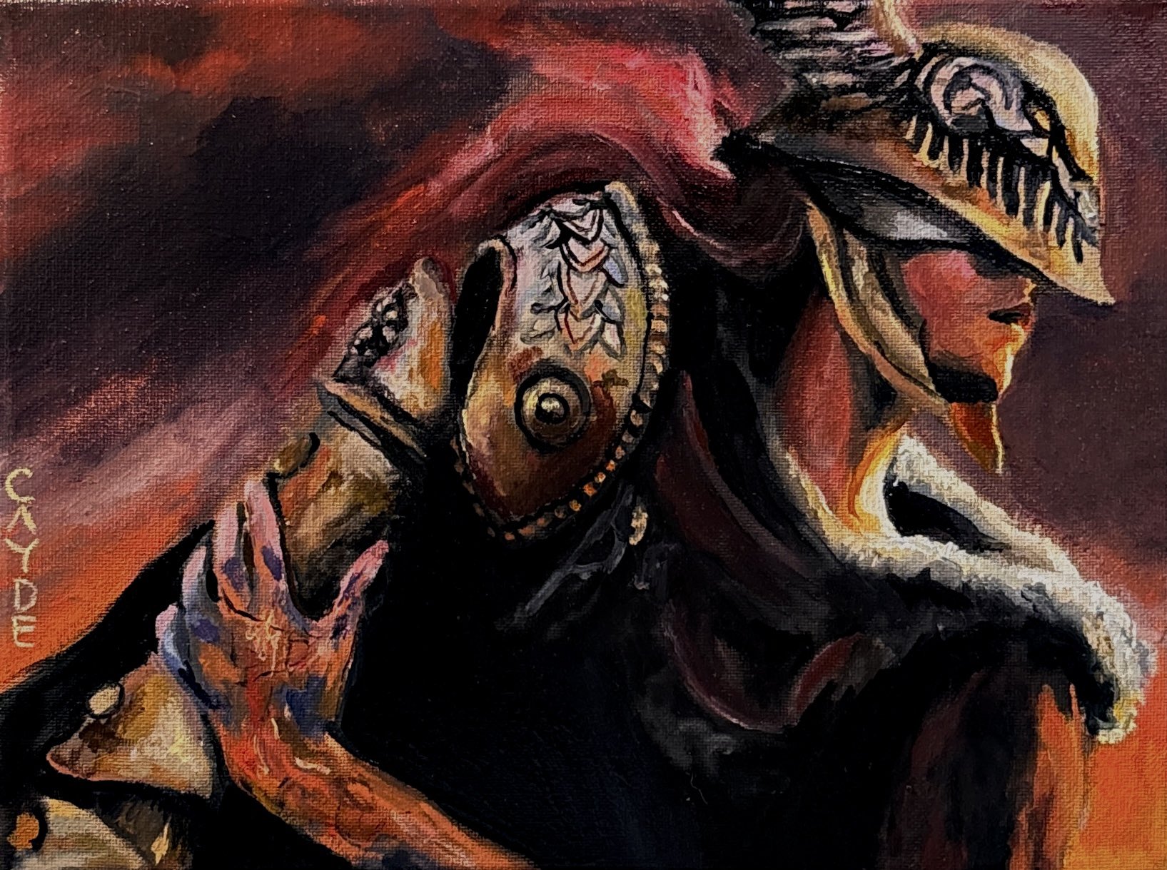 malenia blade of miquella, elden ring, commentary, english commentary, highres, oil painting (medium), painting (medium), traditional media, 1girl, armor, cape, caydeplanet, closed mouth, covered eyes, from side, hand grab, helmet, long hair, mechanical arms, prosthesis, prosthetic arm, red cape, red hair, single mechanical arm, solo, weapon, winged helmet