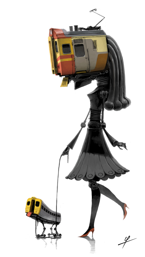 ldt, original, 1other, full body, high heels, long hair, machine, pet walking, simple background, skirt, solo, tongue, tongue out, train, white background