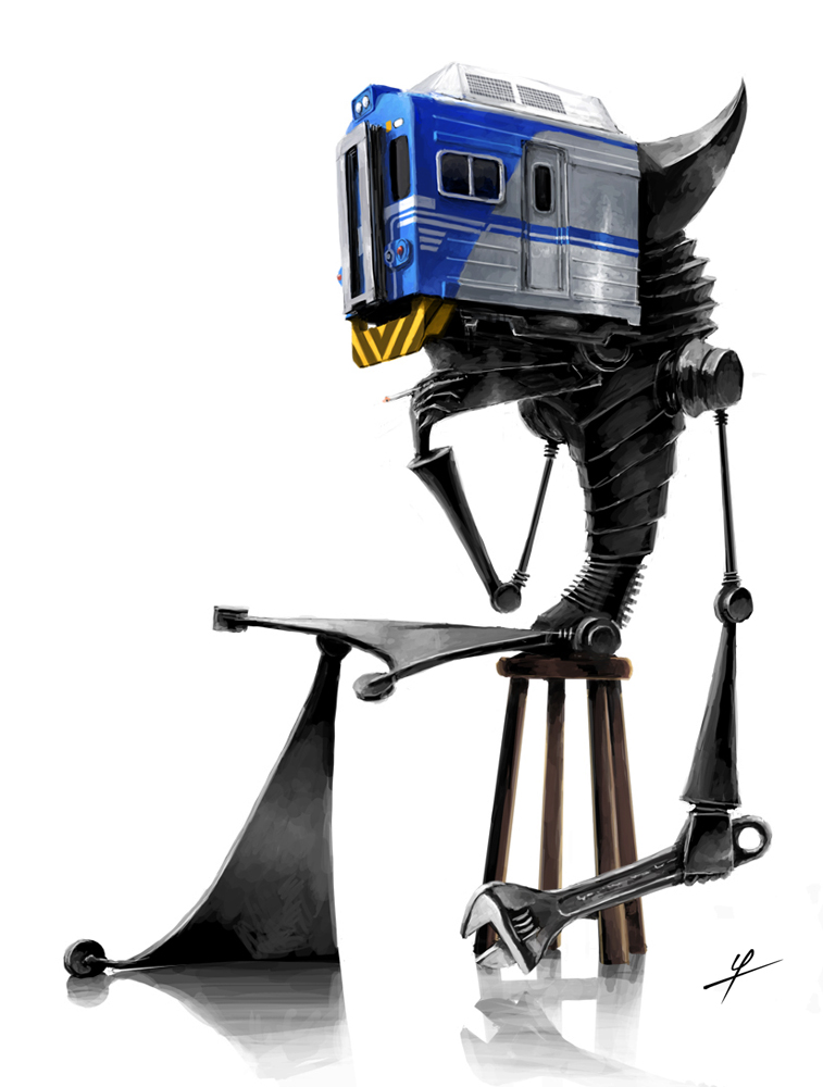 ldt, original, 1other, cigarette, full body, holding, holding wrench, machine, on stool, simple background, sitting, solo, stool, train, white background, wrench