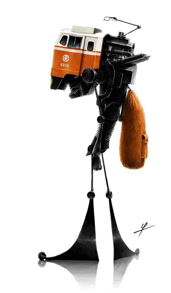 ldt, original, 1other, full body, machine, orange bag, sack behind back, simple background, solo, standing, train, white background