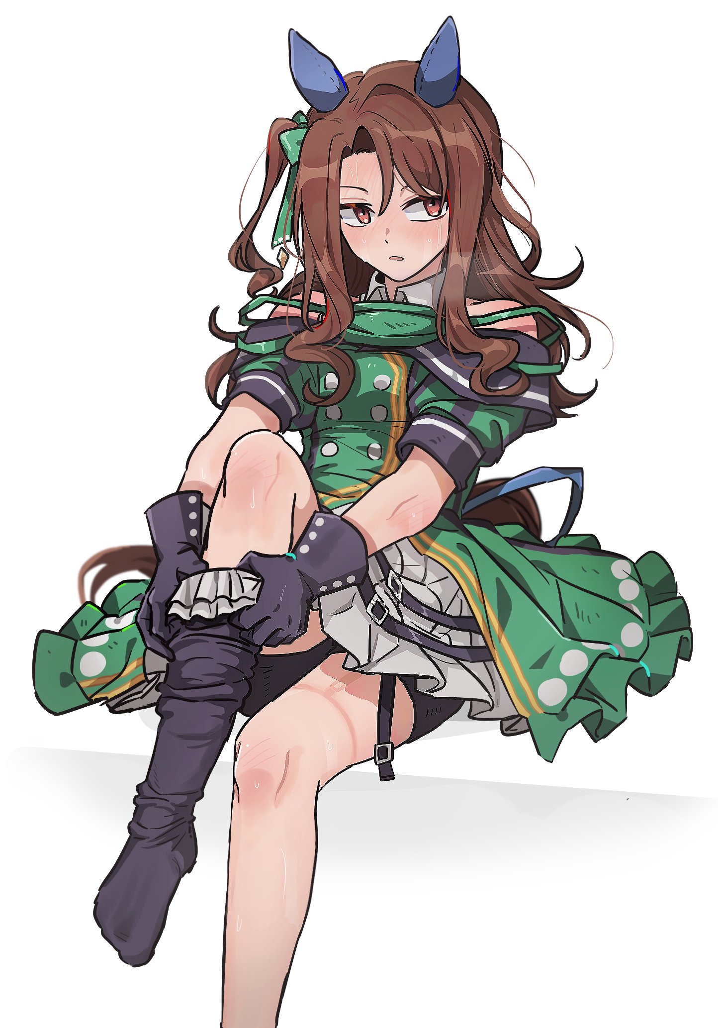 unseuking0427, king halo (king of emeralds) (umamusume), king halo (umamusume), umamusume, highres, 1girl, animal ears, bare shoulders, bike shorts, black gloves, black thighhighs, bow, brown eyes, brown hair, dress, ear covers, garter straps, gloves, green bow, green dress, hair bow, horse ears, horse girl, horse tail, layered dress, long hair, one side up, putting on legwear, short sleeves, simple background, sitting, solo, sweat, tail, thighhighs, white background