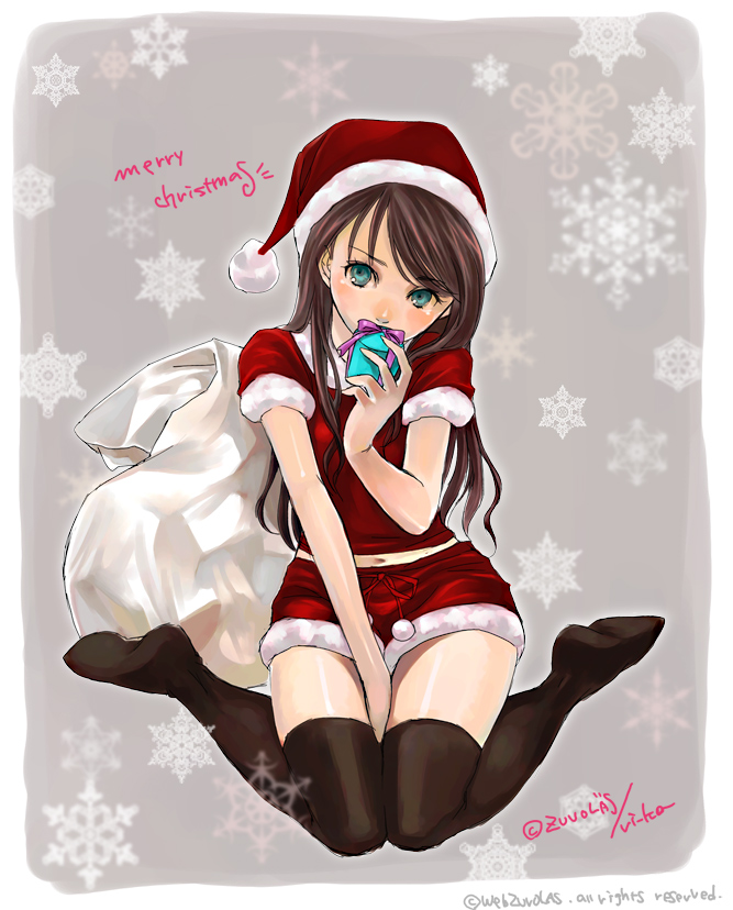 ri-ko, original, 1girl, bag, brown hair, christmas, female focus, gift, green eyes, hat, holding, holding gift, sack, santa costume, santa hat, shorts, snowflakes, solo, thighhighs