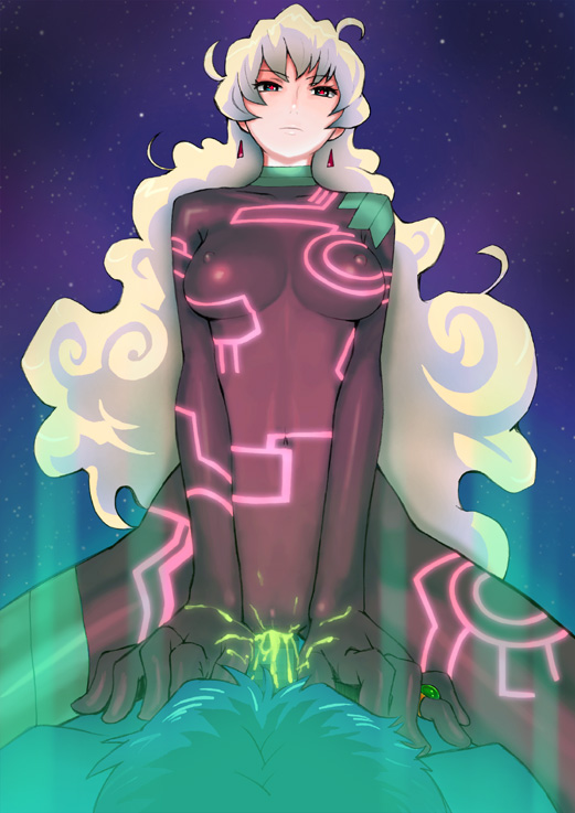 itou eito, antispiral nia, nia teppelin, simon (ttgl), tengen toppa gurren lagann, 00s, 1boy, 1girl, bodysuit, breasts, censored, covered erect nipples, cowgirl position, cum, cum in pussy, earrings, girl on top, glowing, hetero, jewelry, large breasts, long hair, mosaic censoring, multicolored hair, navel, neon trim, penis, red eyes, ring, sex, space, straddling, through clothes, vaginal, very long hair, white hair
