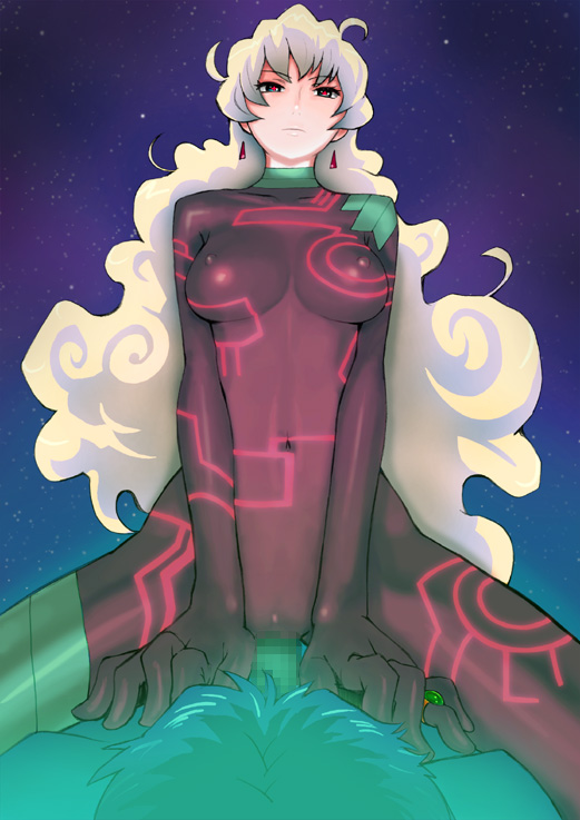 itou eito, antispiral nia, nia teppelin, simon (ttgl), tengen toppa gurren lagann, 00s, 1boy, 1girl, bodysuit, breasts, censored, covered erect nipples, cowgirl position, earrings, girl on top, hetero, jewelry, large breasts, long hair, mosaic censoring, multicolored hair, navel, neon trim, penis, red eyes, ring, sex, space, straddling, vaginal, very long hair, white hair
