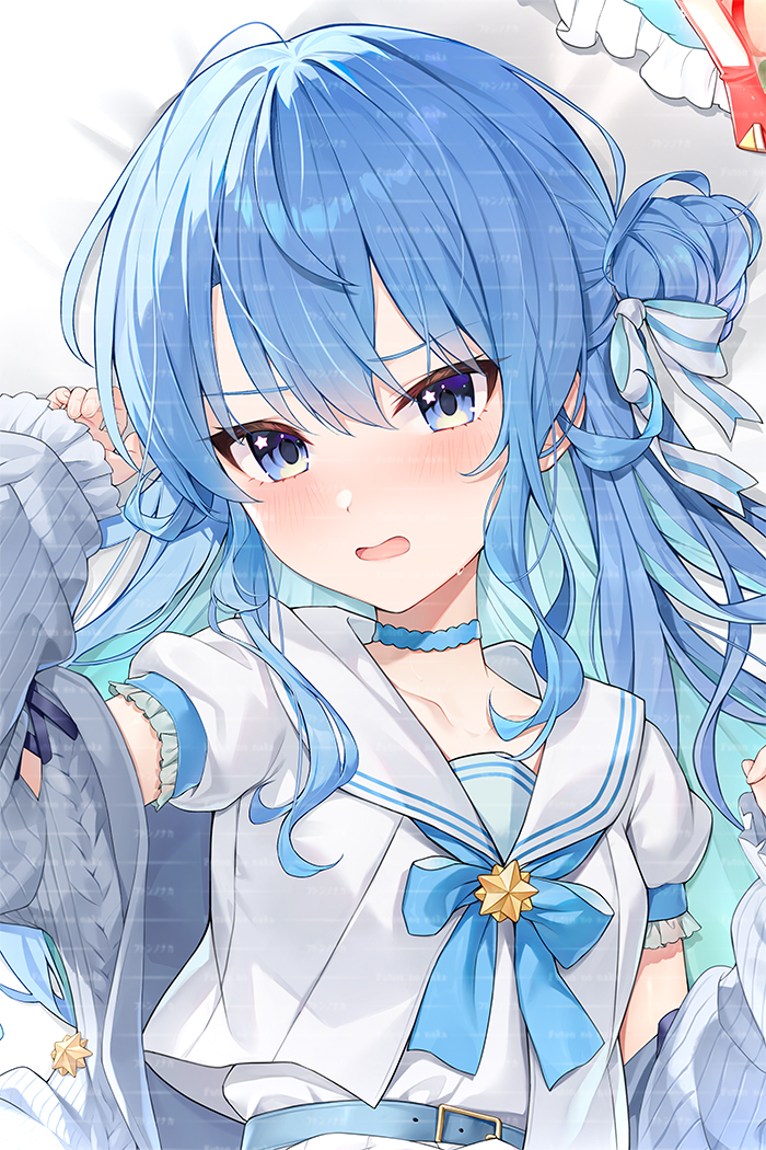 acco (sh in), hololive, 1girl, dakimakura (medium), dakimakura (object), flat chest, long hair, pillow, virtual youtuber