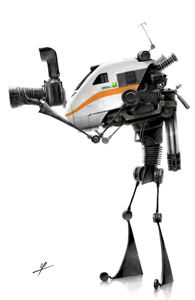 ldt, original, 1other, camera, full body, holding, holding camera, machine, photographer, simple background, solo, standing, train, white background