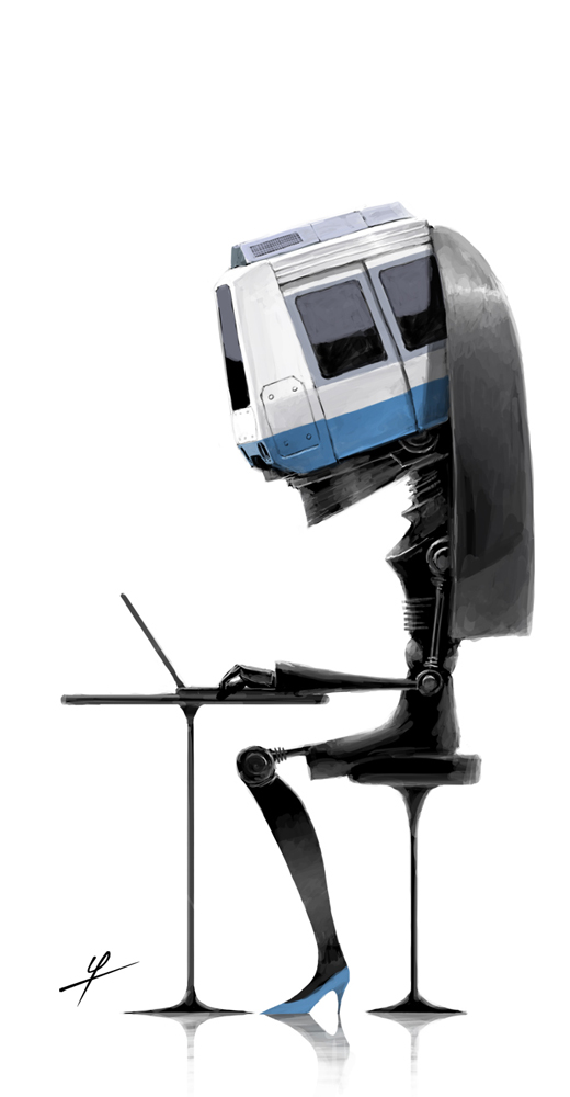 ldt, original, 1other, blue shoes, chair, computer, full body, high heels, laptop, machine, shoes, simple background, sitting, solo, table, train, typing, white background