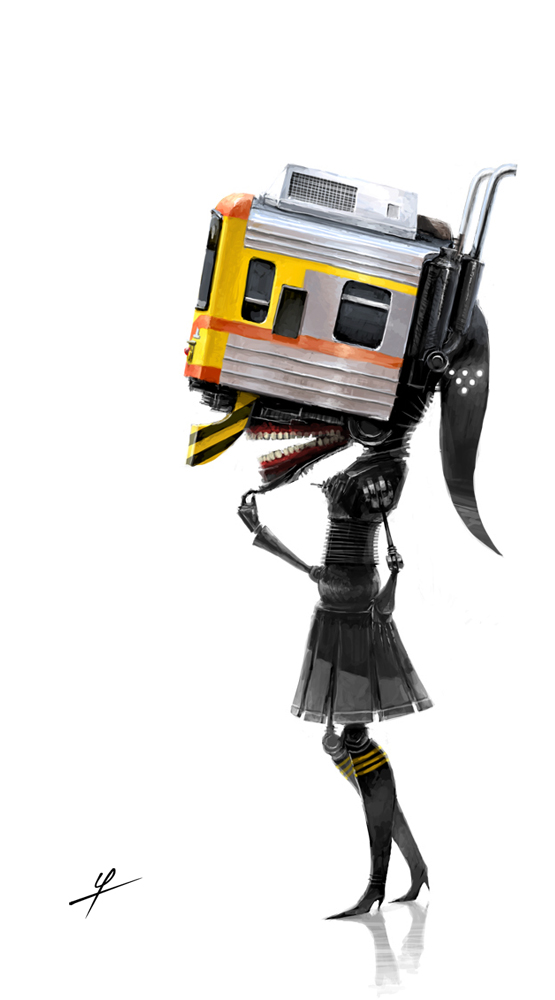 ldt, original, 1other, finger to own chin, full body, high heels, machine, simple background, solo, standing, teeth, train, white background