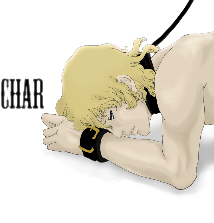 odagiri mayu, char aznable, gundam, zeta gundam, 1boy, blonde hair, collar, leash, male focus, short hair, simple background, solo