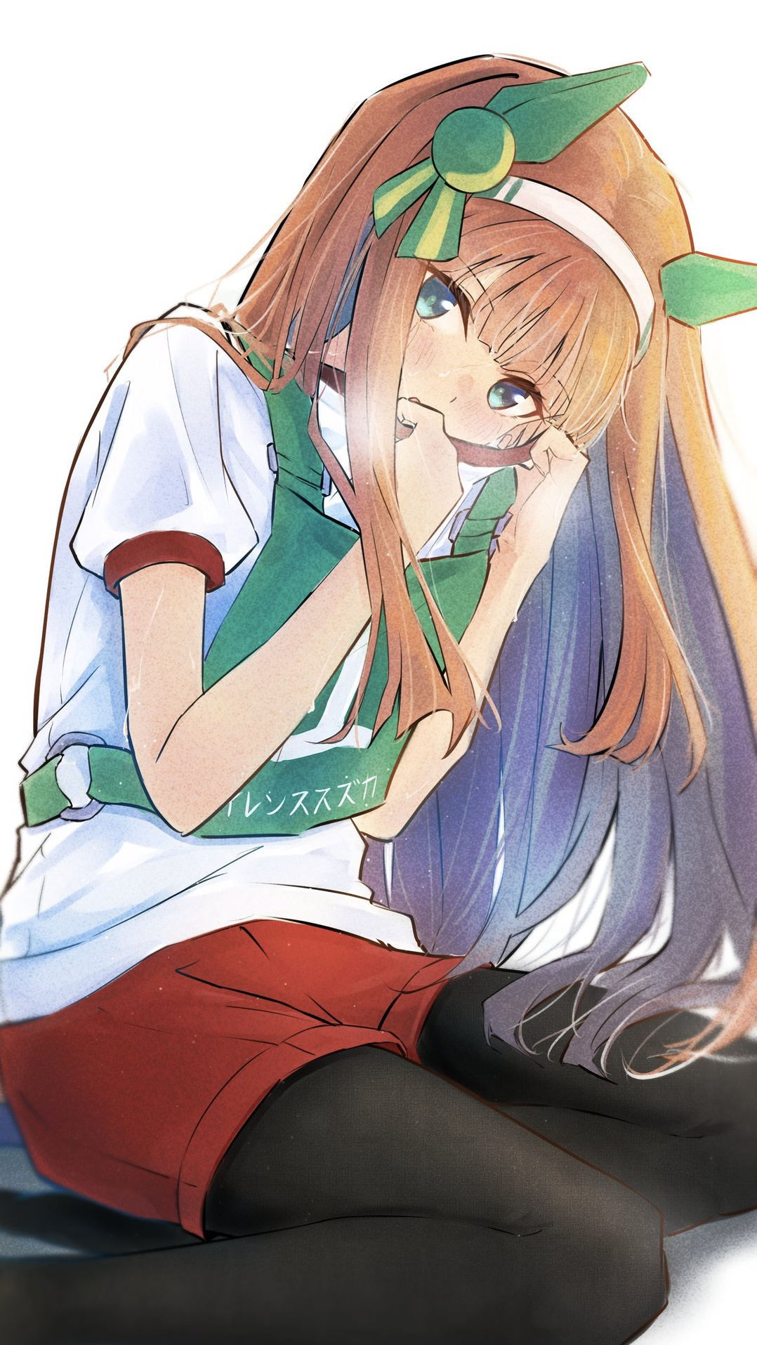 yrouumkinnoaw, silence suzuka (umamusume), umamusume, commentary request, highres, 1girl, animal ears, aqua eyes, black pantyhose, blush, horse ears, horse girl, horse tail, long hair, looking at viewer, orange hair, original race uniform (umamusume), pantyhose, pantyhose under shorts, red shorts, shirt, short shorts, shorts, simple background, sitting, solo, tail, white background, white shirt
