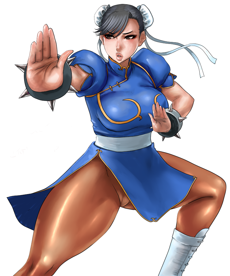 matoyama, chun-li, capcom, street fighter, 1girl, black hair, bracelet, bun cover, china dress, chinese clothes, double bun, dress, eyeshadow, female focus, fighting stance, hair bun, jewelry, legs, lips, makeup, pantyhose, pelvic curtain, solo, spiked bracelet, spikes, thighs
