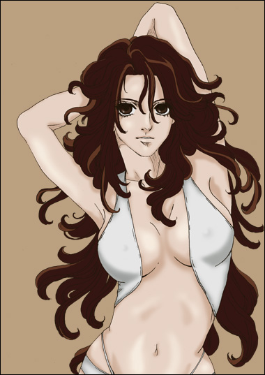 odagiri mayu, sumeragi lee noriega, gundam, gundam 00, 00s, brown eyes, brown hair, curly hair, long hair, navel, solo, swimsuit