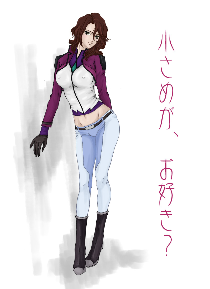 odagiri mayu, sumeragi lee noriega, gundam, gundam 00, bad id, bad pixiv id, translation request, 00s, 1girl, boots, breasts, brown eyes, brown hair, covered erect nipples, female focus, gloves, large breasts, midriff, navel, short hair, solo