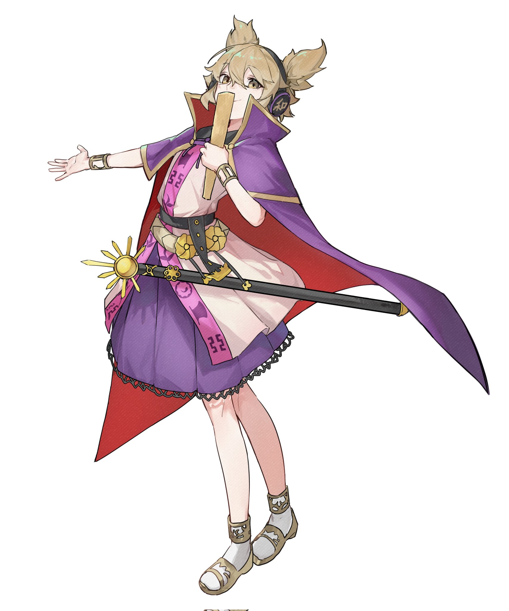toyosatomimi no miko, touhou, highres, 1girl, belt, black belt, bracelet, cape, hair ornament, hair stick, jewelry, looking at viewer, outstretched arm, pointy hair, purple cape, purple skirt, ritual baton, sandals, shirt, skirt, sleeveless, sleeveless shirt, smile, socks, solo, standing, takoyaki5221, white background, white shirt, white socks, yellow sandals