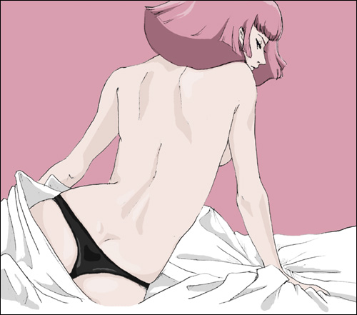 odagiri mayu, haman karn, gundam, zeta gundam, lowres, 1girl, back, bed sheet, female focus, panties, pink hair, short hair, solo, thong, topless female, underwear