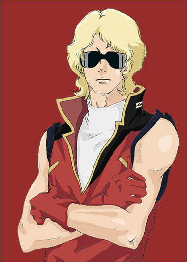odagiri mayu, char aznable, quattro bajeena, gundam, zeta gundam, 1boy, blonde hair, gloves, male focus, scar, short hair, simple background, solo, sunglasses