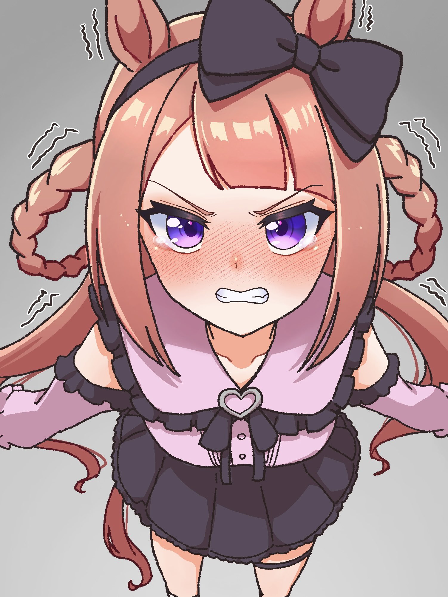 echieichi, sweep tosho (umamusume), umamusume, highres, 1girl, animal ears, black bow, black hairband, black skirt, blush, bow, bow hairband, braid, braided hair rings, brown hair, clenched teeth, clothing cutout, collarbone, hair rings, hairband, horse ears, horse girl, horse tail, long hair, looking at viewer, open mouth, pink shirt, purple eyes, shirt, shoulder cutout, simple background, skirt, solo, tail, teeth, thigh strap, twintails