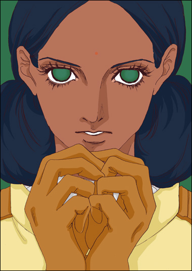 odagiri mayu, lalah sune, gundam, mobile suit gundam, pilot suit, blue hair, dark-skinned female, dark skin, empty eyes, gloves, green eyes, indian, solo, spacesuit