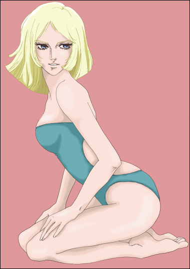 odagiri mayu, sayla mass, gundam, mobile suit gundam, 1girl, alternate costume, bare arms, bare legs, bare shoulders, barefoot, blonde hair, blue eyes, breasts, female focus, from side, full body, grin, half-closed eyes, hand on own thigh, lips, looking at viewer, looking to the side, medium breasts, naughty face, neck, one-piece swimsuit, parted bangs, parted lips, pink background, seiza, short hair, simple background, sitting, smile, solo, strapless, strapless one-piece swimsuit, swimsuit