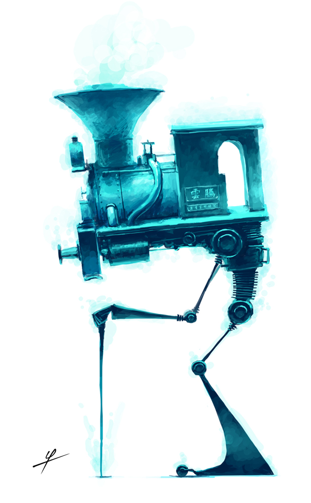 ldt, original, 1other, cane, full body, ghost, holding, holding cane, locomotive, machine, old, simple background, smokestack, solo, train, white background