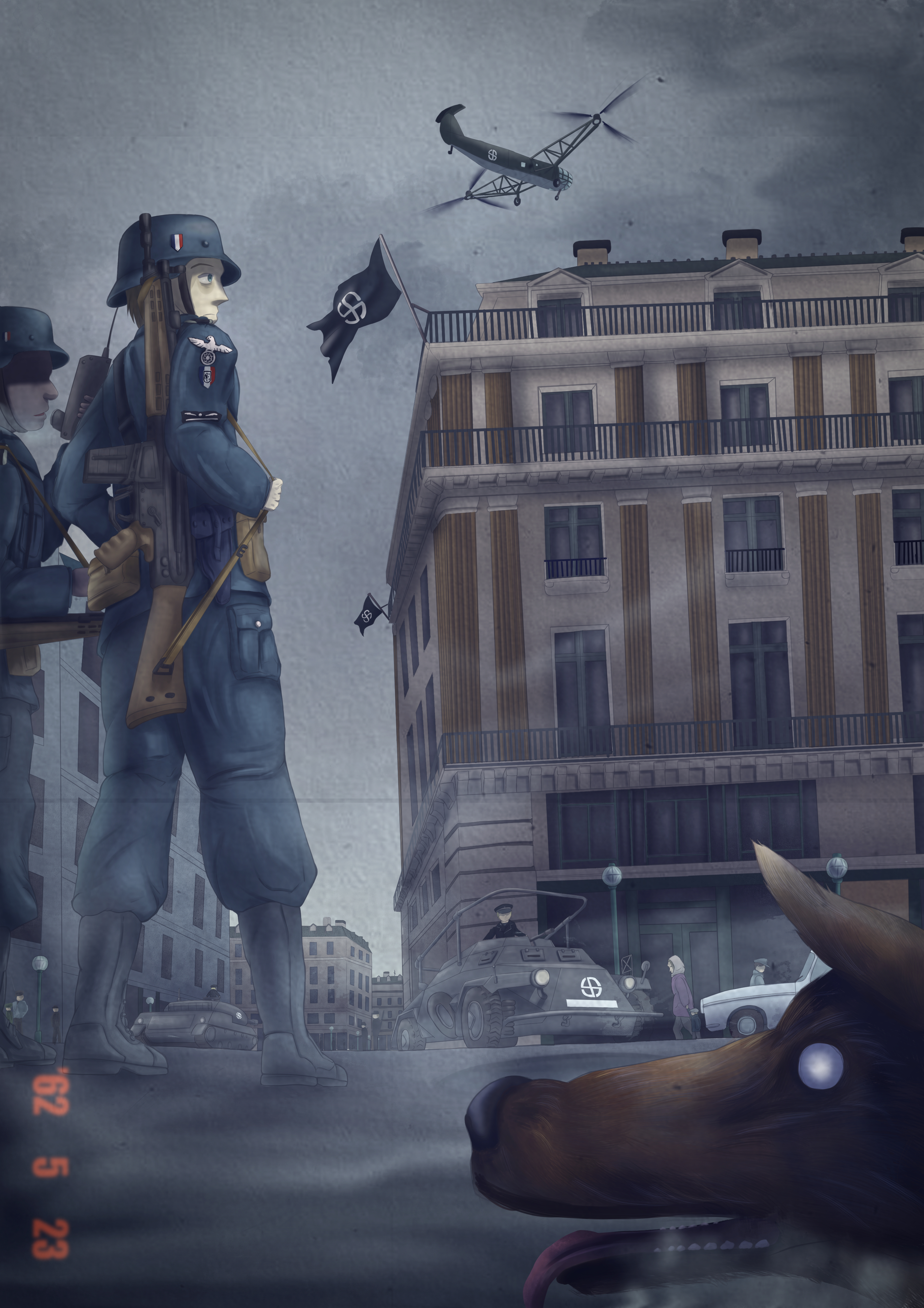 hearts of iron, the new order: last days of europe, absurdres, highres, 6+boys, aircraft, ammunition pouch, armored car, assault rifle, black boots, black sun, blonde hair, blue eyes, boots, broken sun cross, burgundy (tno), city, cold war, dated, dog, dq9yy20zq00fa3r, flag, gun, gun on back, helicopter, holding radio, military uniform, military vehicle, motor vehicle, multiple boys, nazi, pouch, reichsadler, rifle, short hair, soldier, solo focus, ss charlemagne, ss insignia, sun, sun cross, swastika, tank, waffen-ss, weapon, weapon on back