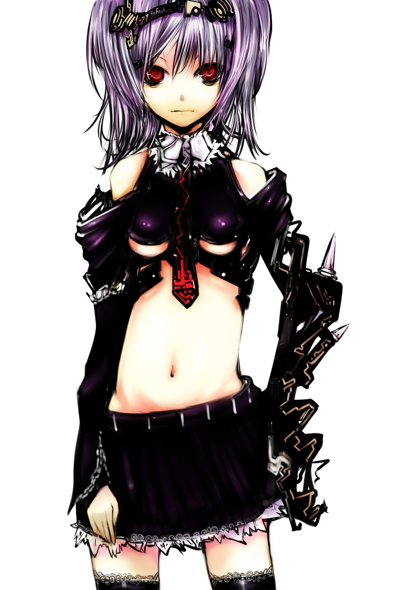 kae (artist), original, highres, 1girl, breasts, cyborg, female focus, hand on own hip, hip focus, midriff, necktie, prosthesis, purple hair, red eyes, skirt, small breasts, solo, thighhighs, underboob, zettai ryouiki