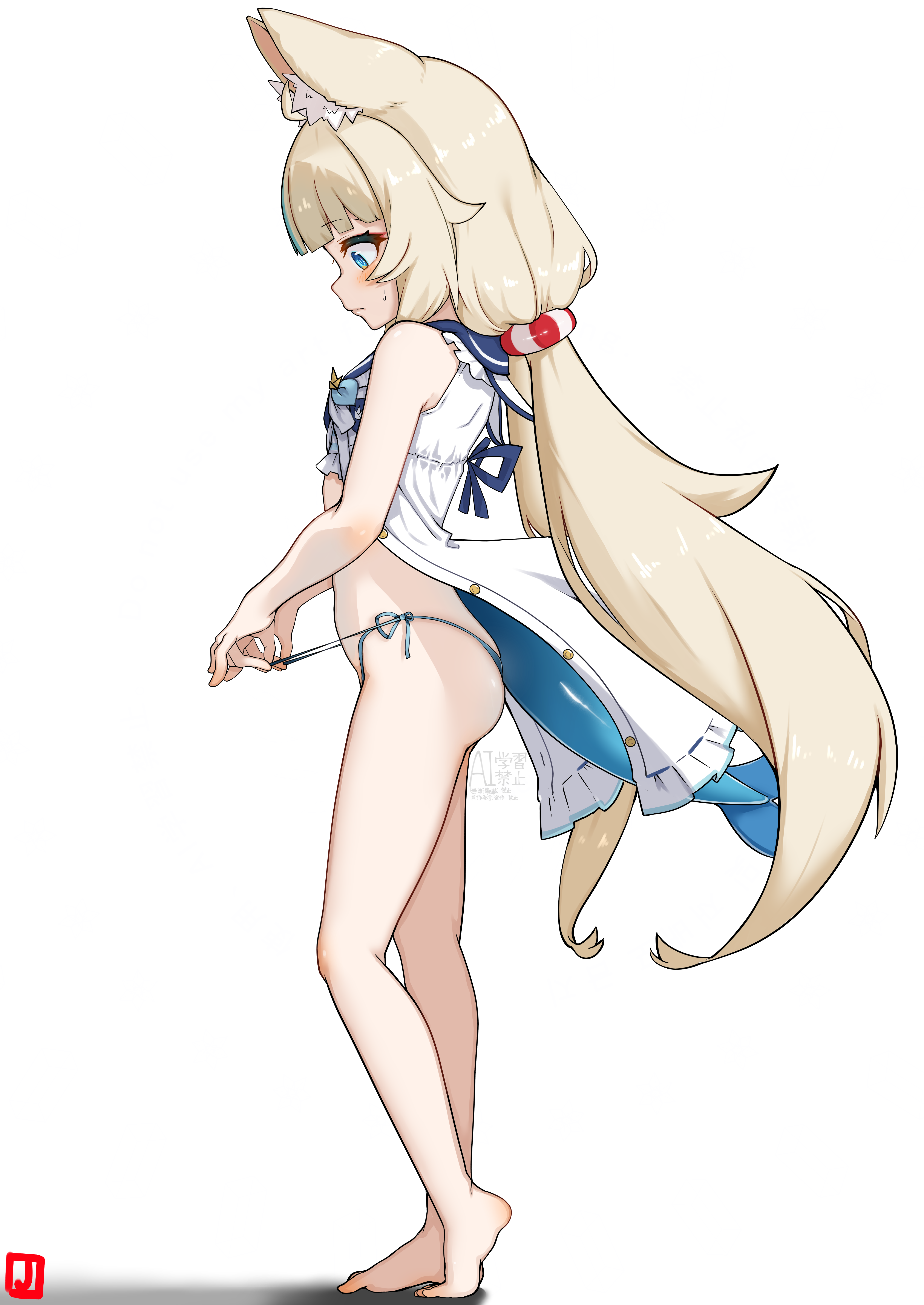 johnny (braun-kan cafe), sameko saba, indie virtual youtuber, absurdres, highres, 1girl, animal ear fluff, animal ears, barefoot, bikini, blonde hair, blue bikini, blue eyes, blue hair, blue sailor collar, blush, breasts, cat ears, closed mouth, dress, fins, fish girl, fish tail, frilled sailor collar, frills, from side, full body, long hair, low twintails, multicolored hair, open clothes, open dress, sailor collar, sailor dress, side-tie bikini bottom, small breasts, solo, swimsuit, tail, twintails, two-tone hair, very long hair, white background, white dress