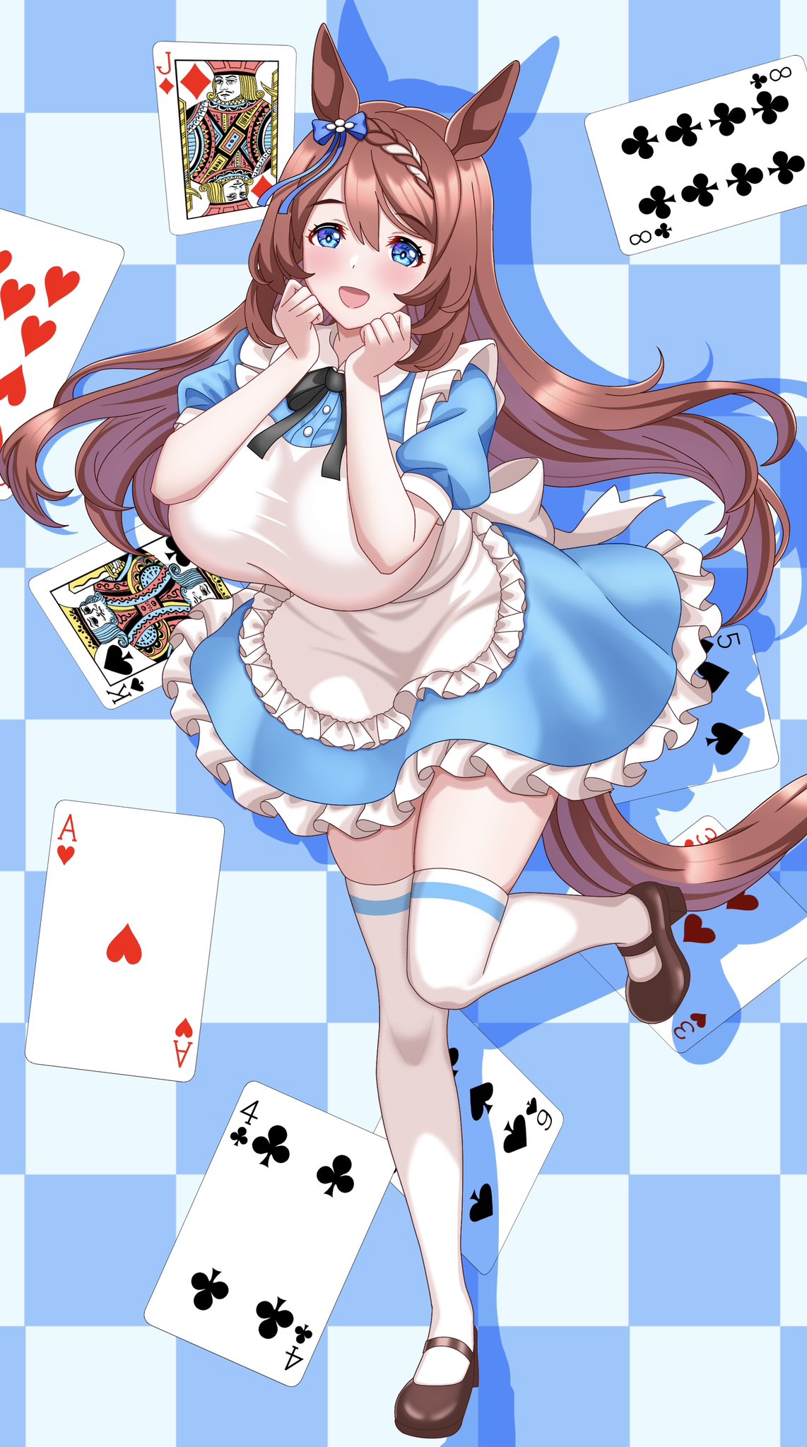 amadeus (amadeus08462844), alice (alice in wonderland), super creek (umamusume), alice's adventures in wonderland, umamusume, highres, 1girl, alice (alice in wonderland) (cosplay), animal ears, apron, blue dress, blue eyes, blush, bow, braid, breasts, brown hair, card, cosplay, dress, ear bow, frills, hair between eyes, horse ears, horse girl, horse tail, large breasts, long hair, looking at viewer, multicolored hair, open mouth, playing card, shoes, short sleeves, smile, solo, streaked hair, tail, thighhighs, very long hair, white apron, white hair, white thighhighs