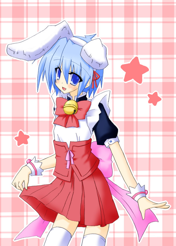 ayasaki hayate, hayate no gotoku!, 00s, 1boy, animal ears, bell, blue eyes, blue hair, blush, jingle bell, male focus, matching hair/eyes, open mouth, rabbit ears, short hair, smile, solo, thighhighs, trap, zettai ryouiki
