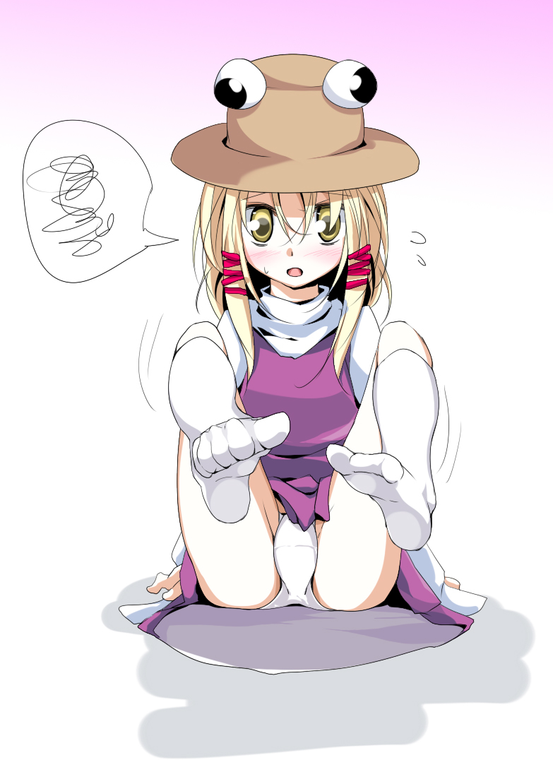 oouso, moriya suwako, touhou, toe-point, 1girl, blonde hair, feet, female focus, gradient background, hat, panties, socks, solo, underwear, white background