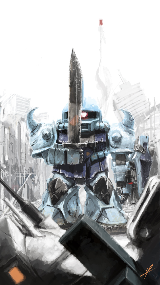 ldt, gouf, gundam, 1other, cyclops, full body, holding, holding sword, holding weapon, mecha, one-eyed, red eyes, robot, standing, sword, weapon