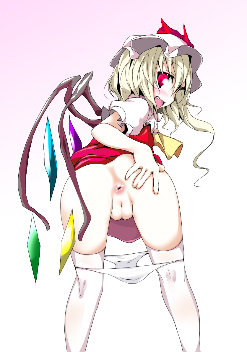 oouso, flandre scarlet, touhou, 1girl, anus, ass, cleft of venus, fang, female focus, grabbing own ass, hat, loli, mob cap, panties, panty pull, pussy, red eyes, solo, spread ass, uncensored, underwear, wings