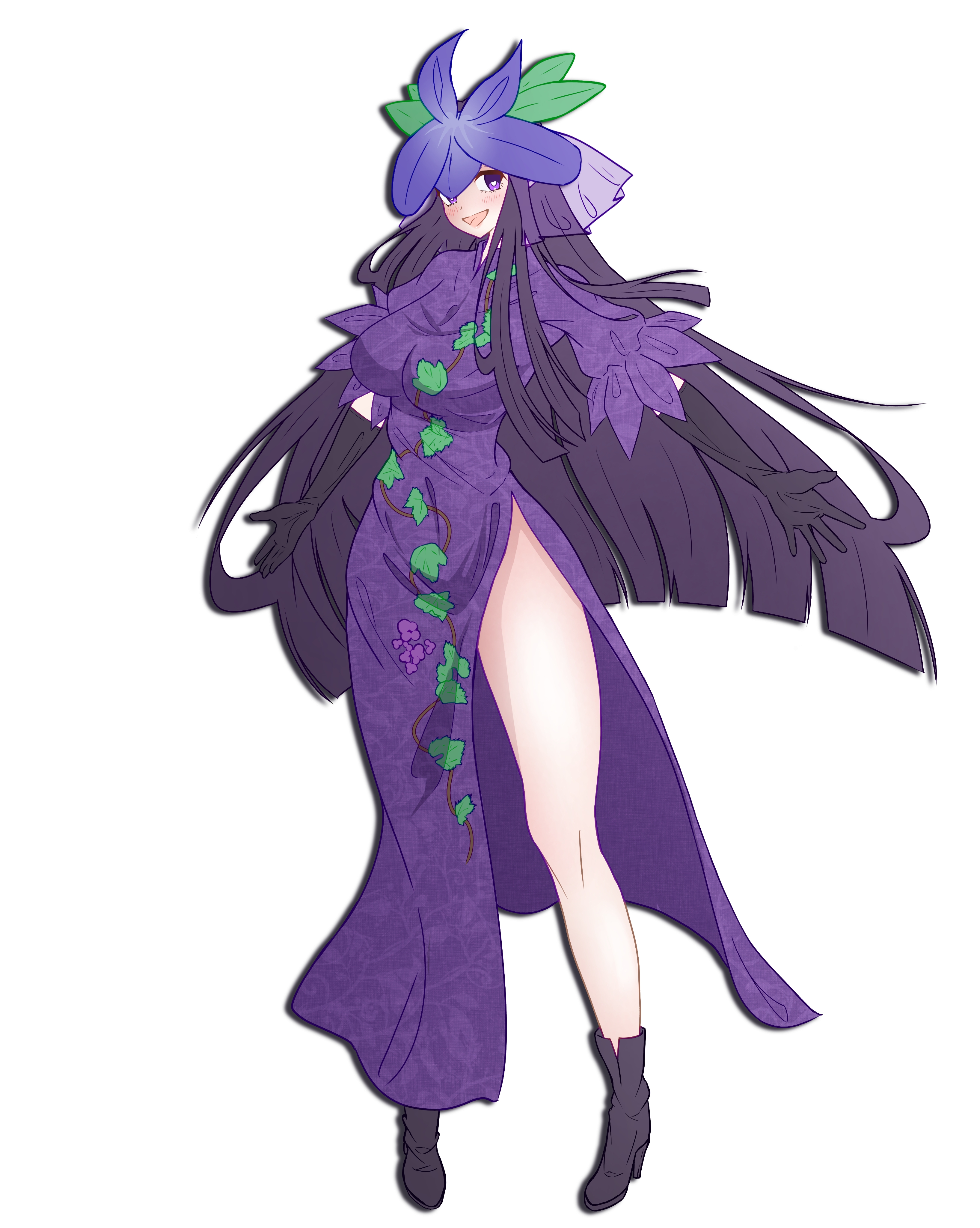 zaguromaru, yomotsu hisami, touhou, absurdres, commentary request, highres, partial commentary, 1girl, black gloves, boots, dress, elbow gloves, floral print, flower, full body, gloves, hair flower, hair ornament, high heel boots, high heels, long hair, looking at viewer, print dress, purple dress, purple flower, purple hair, side slit, simple background, solo, tachi-e, thighs, vine print, white background