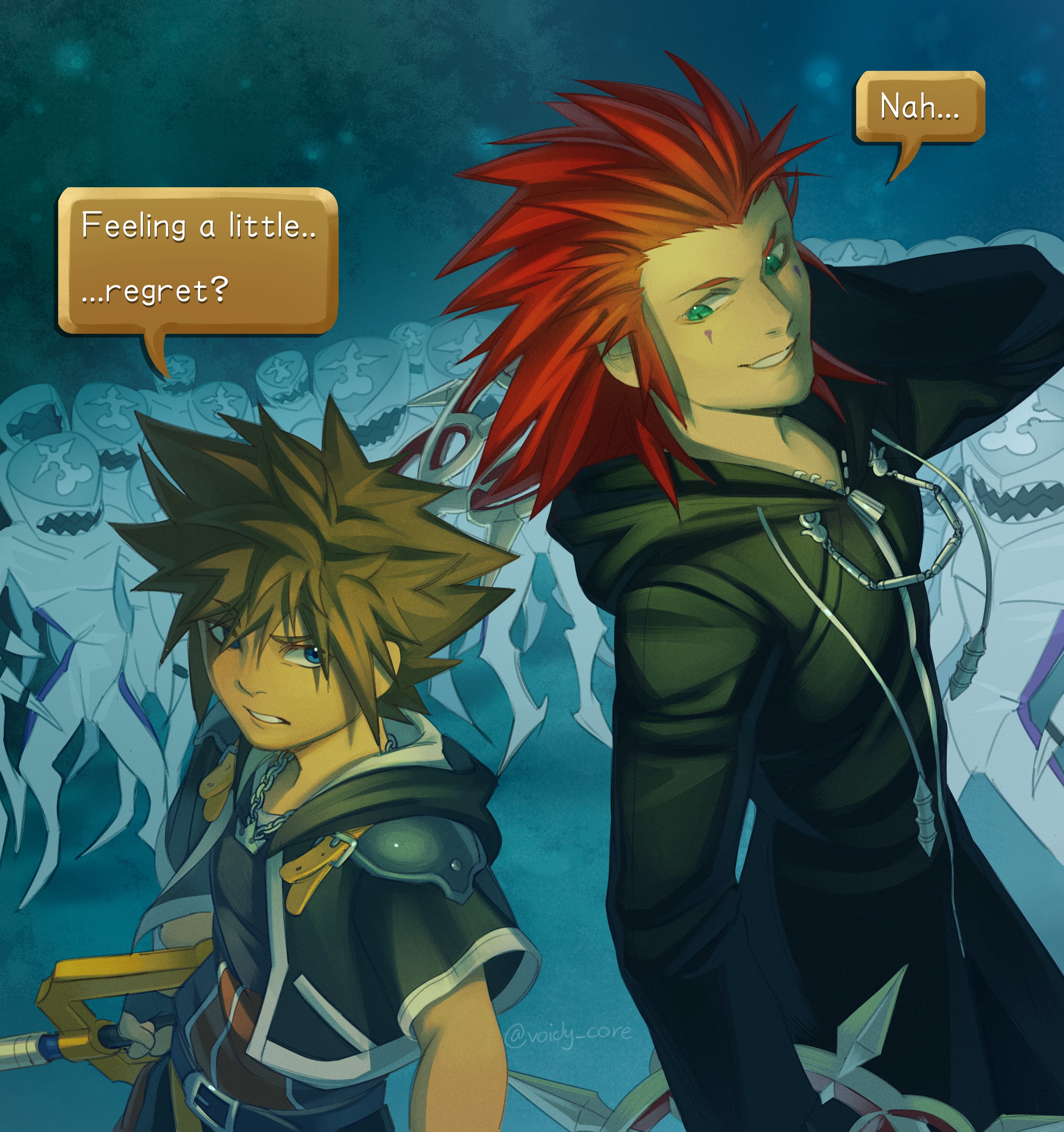 xvoidcore, axel (kingdom hearts), sora (kingdom hearts), kingdom hearts, kingdom hearts ii, absurdres, commentary, english commentary, highres, 2boys, belt, black belt, black coat (kingdom hearts), black jacket, black shirt, blue eyes, brown hair, chakram, cropped jacket, dual wielding, dusk (kingdom hearts), english text, facial mark, fingerless gloves, gloves, green eyes, grin, holding, holding weapon, jacket, jewelry, keyblade, kingdom key, male focus, multiple boys, necklace, nobody (kingdom hearts), red hair, scene reference, shirt, short hair, short sleeves, smile, speech bubble, spiked hair, twitter username, weapon