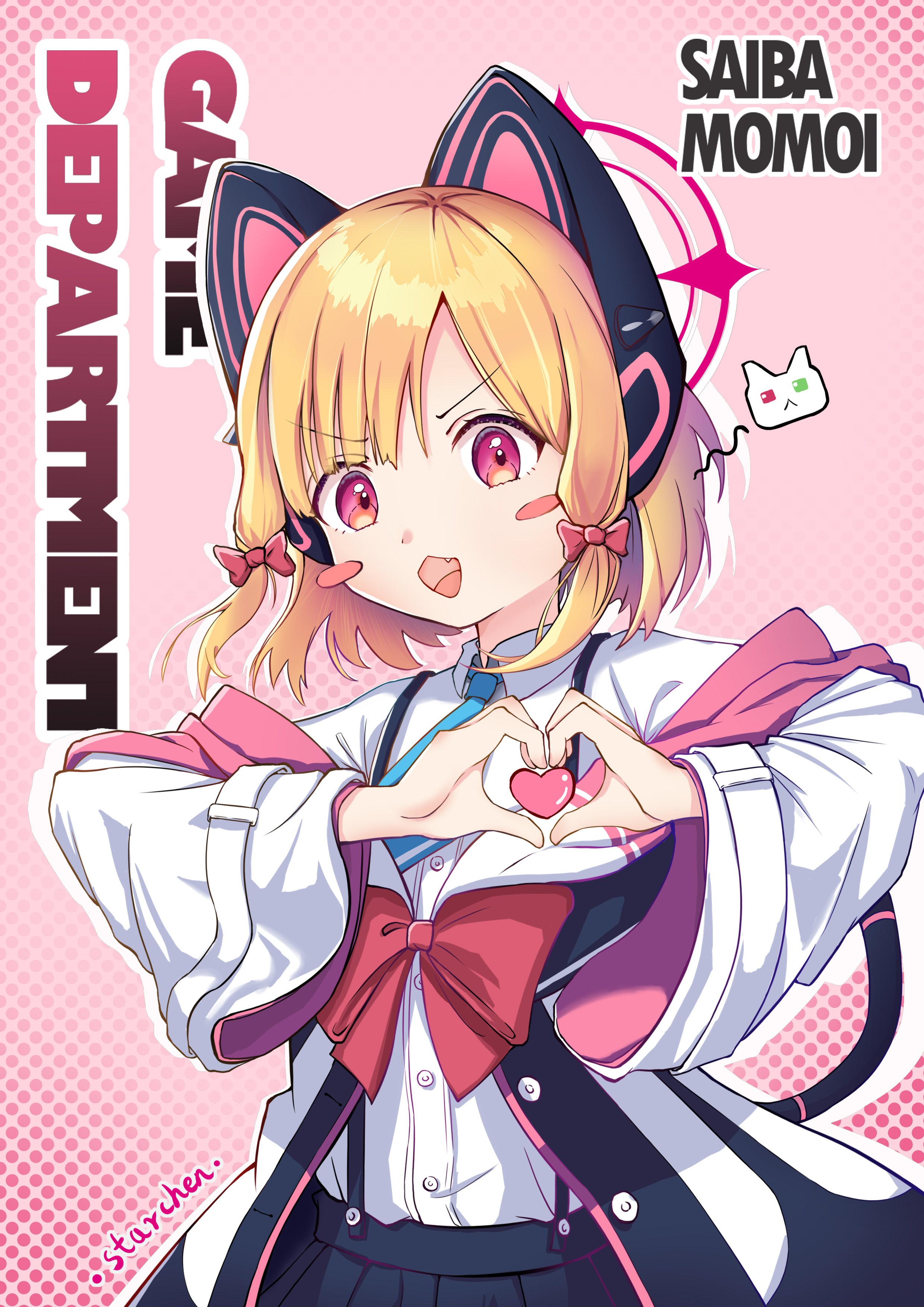 momoi (blue archive), blue archive, absurdres, commentary, highres, 1girl, animal ear headphones, animal ears, artist name, black jacket, black skirt, blonde hair, blue necktie, blush stickers, bow, buttons, cat ear headphones, cat ears, cat tail, character name, collared shirt, dress shirt, fake animal ears, fake tail, fang, hair bow, halo, headphones, heart, heart hands, heart in heart hands, jacket, long sleeves, looking at viewer, low-tied sidelocks, mantian xingchen 39, multicolored jacket, necktie, off shoulder, open mouth, parted bangs, pink background, pink eyes, pink halo, pink jacket, pleated skirt, red bow, school uniform, shirt, shirt tucked in, short hair, sidelocks, signature, skirt, smile, solo, suspender skirt, suspenders, tail, tail raised, two-sided fabric, two-sided jacket, unbuttoned, upper body, v-shaped eyebrows, white jacket, white shirt, wide sleeves