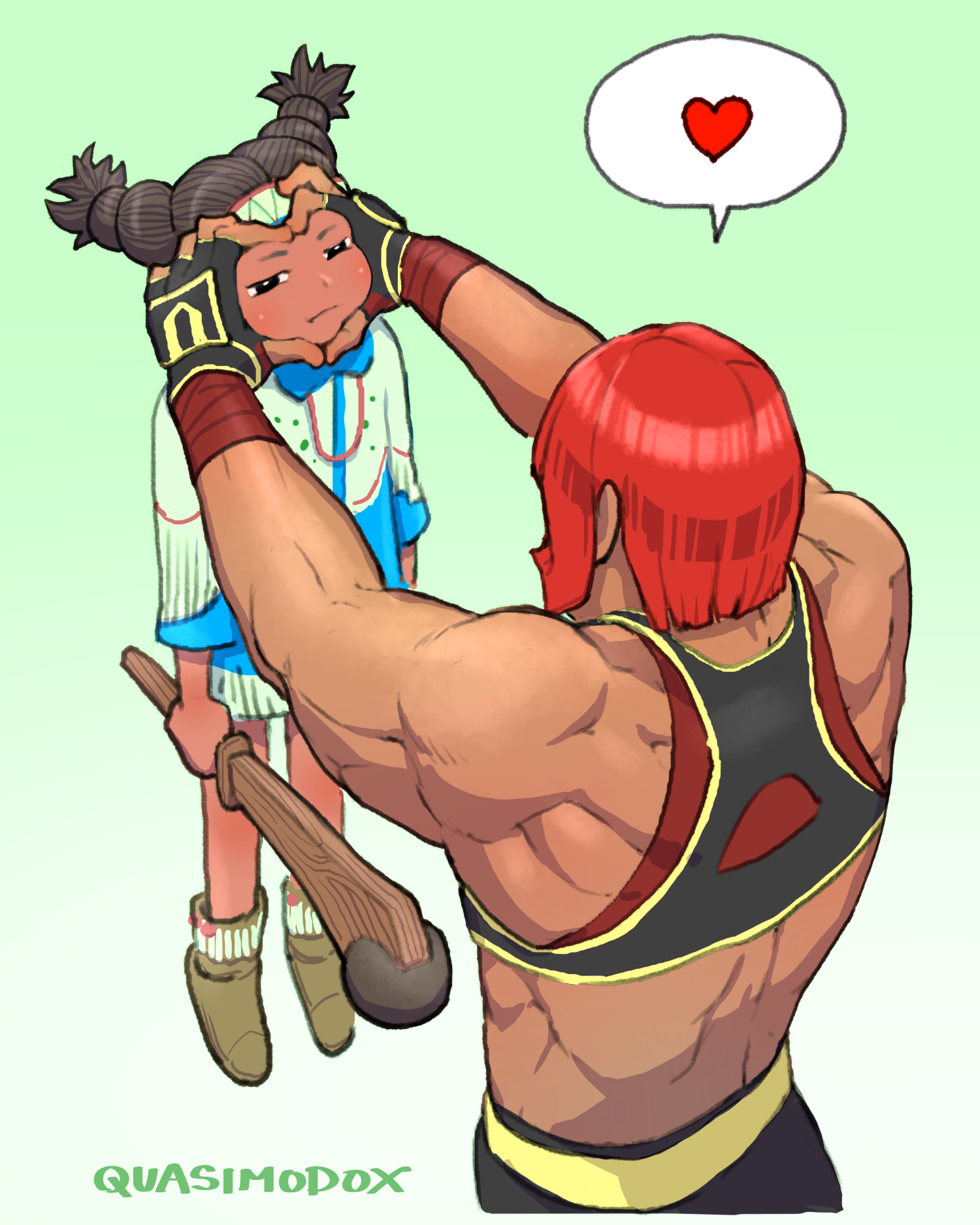 quasimodox, lily hawk, marisa (street fighter), street fighter, street fighter 6, highres, 2girls, :i, back, back muscles, biceps, blush, carrying, carrying person, club (weapon), dark-skinned female, dark skin, deltoids, hand wraps, hanging legs, heart, heart hands, holding, holding club, holding weapon, impossible hair, lifting person, median furrow, moccasins, multiple girls, muscular, muscular female, native american, native american clothes, pogamoggan, red hair, size difference, spoken heart, sports bra, tall female, triceps, v-bangs, weapon