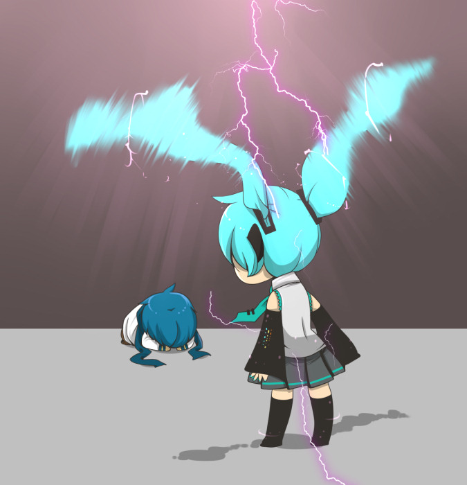 tsuyuko, hatsune miku, kaito (vocaloid), vocaloid, bad id, bad pixiv id, aqua hair, blue hair, chibi, detached sleeves, electricity, long hair, necktie, short hair, skirt, thighhighs, twintails