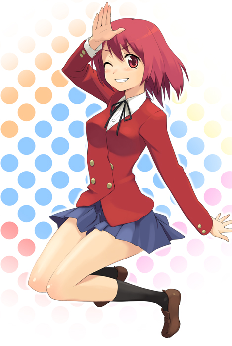oryo (oryo04), kushieda minori, toradora!, bad id, bad pixiv id, 00s, brown shoes, full body, leotard, one eye closed, red eyes, red hair, school uniform, shoes, short hair, skirt, solo, wink