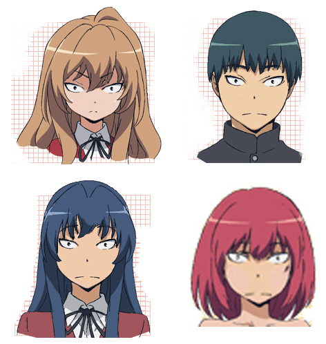 aisaka taiga, kawashima ami, kitamura yuusaku, kushieda minori, toradora!, lowres, 00s, 1boy, 3girls, blue hair, comparison, crazy eyes, looking at viewer, multiple girls, red hair, sidelocks, simple background, what, white background, wide-eyed