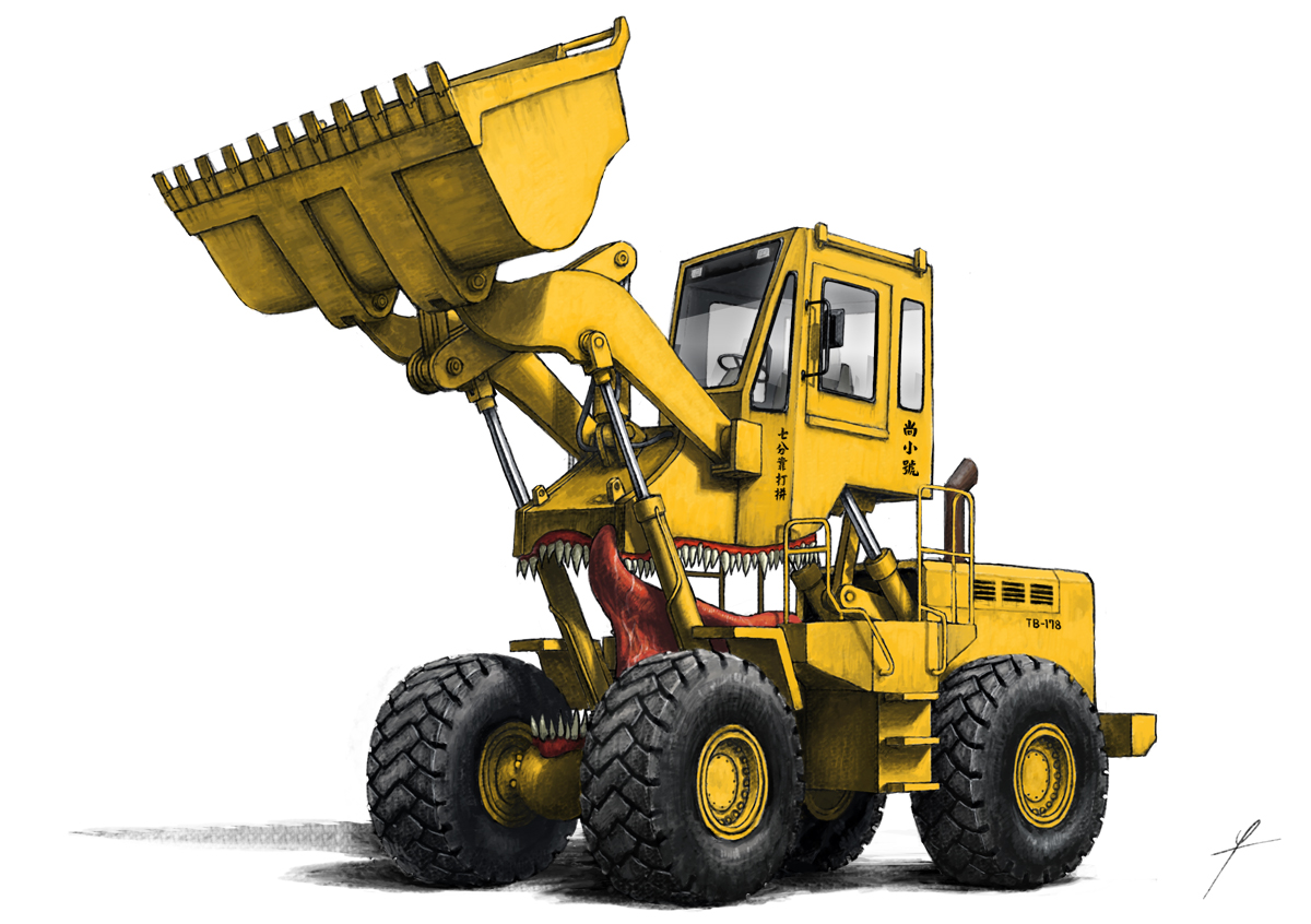ldt, original, cabin, excavator, full body, machine, monsterification, motor vehicle, open mouth, piston, sharp teeth, teeth, tongue, tongue out, vehicle focus, wheel