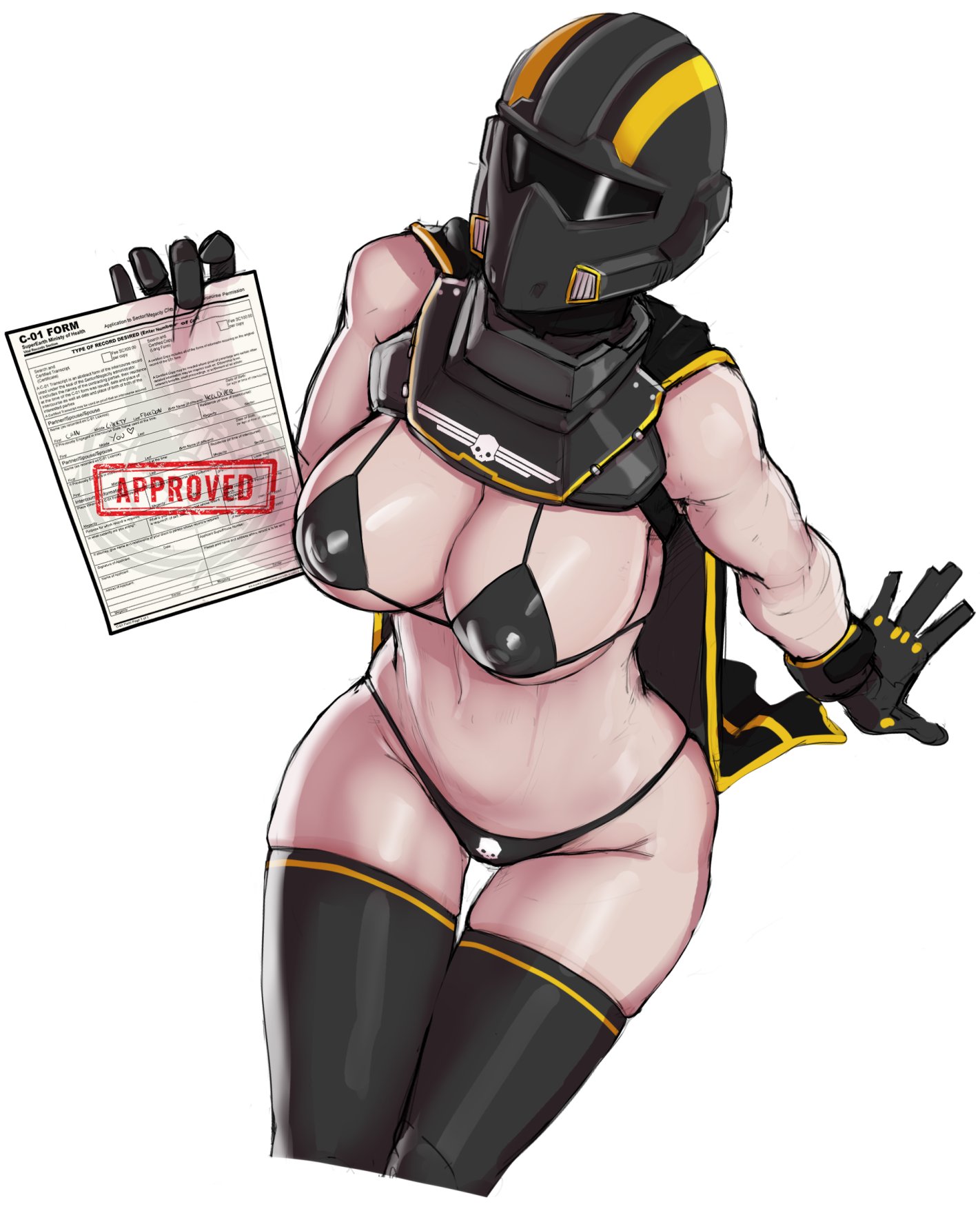 darkminou, helldivers (series), highres, 1girl, bare shoulders, bikini, black bikini, black cape, black gloves, black thighhighs, breasts, cape, covered erect nipples, cropped legs, gloves, helm, helmet, holding, holding paper, large breasts, paper, shiny skin, simple background, skull print, swimsuit, thighhighs, white background, yellow cape