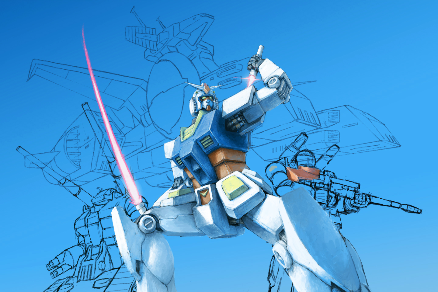 ldt, gundam, blue background, cowboy shot, energy sword, gun, gun on back, holding, holding gun, holding sword, holding weapon, rifle, sketch, spacecraft, sword, weapon, weapon on back