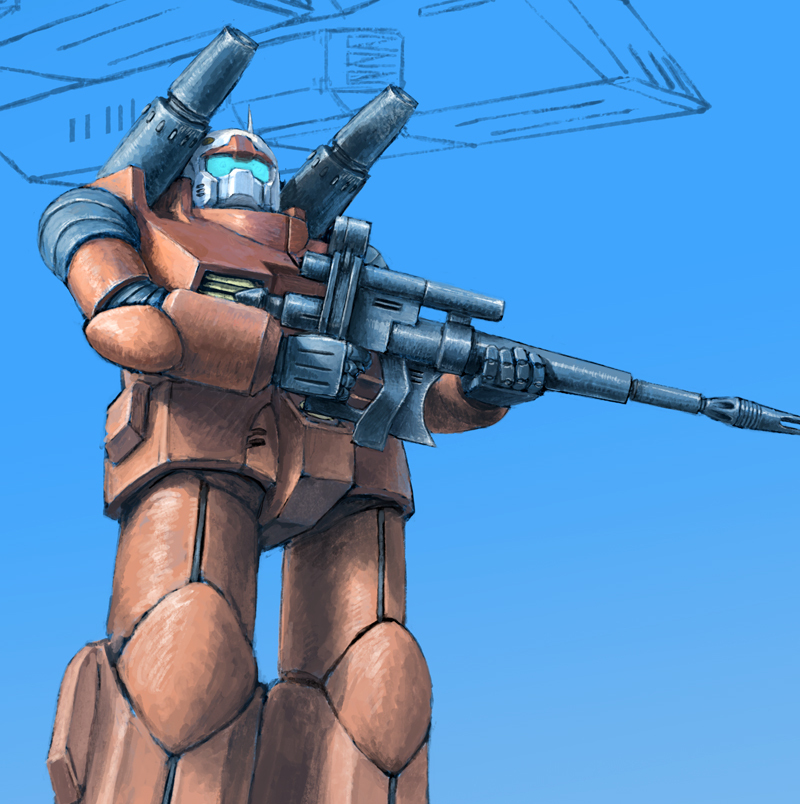 ldt, gundam, armor, cowboy shot, gun, holding, holding gun, holding weapon, mecha, red armor, rifle, robot, shoulder cannon, weapon