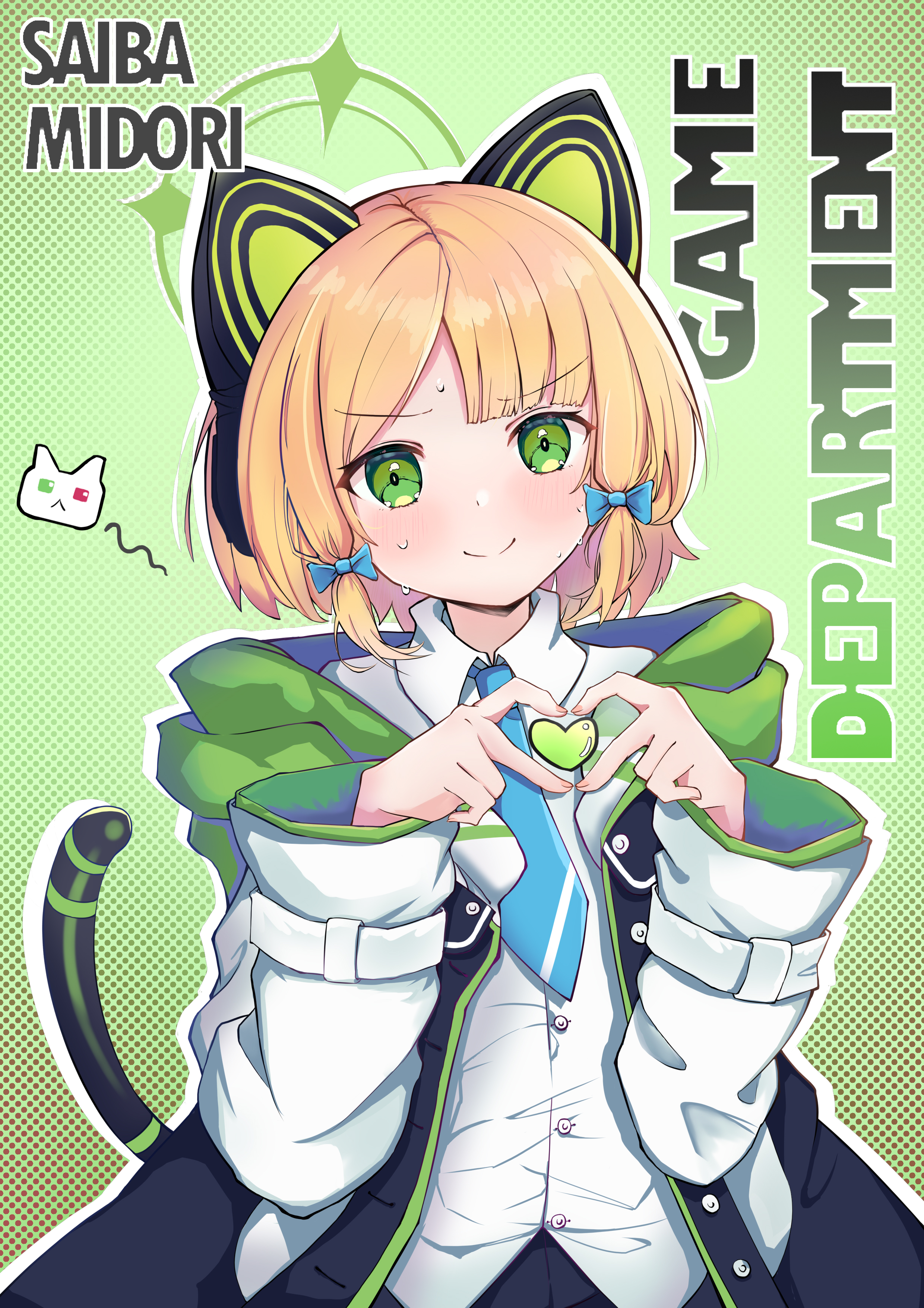 midori (blue archive), blue archive, absurdres, commentary, highres, symbol-only commentary, 1girl, animal ear headphones, animal ears, black jacket, black tail, blonde hair, blue bow, blue necktie, blush, bow, buttons, cat ear headphones, cat ears, cat tail, character name, closed mouth, collared shirt, dotted background, fake animal ears, fake tail, four-finger heart hands, green background, green eyes, green halo, green jacket, hair bow, halo, hands up, headphones, heart, heart hands, heart in heart hands, hood, hood down, hooded jacket, jacket, long sleeves, looking at viewer, low-tied sidelocks, mantian xingchen 39, medium hair, multicolored jacket, necktie, open clothes, open jacket, outline, parted bangs, school uniform, shirt, sidelocks, smile, solo, split mouth, sweat, tail, tail raised, unbuttoned, untucked shirt, upper body, v-shaped eyebrows, very sweaty, white jacket, white outline, white shirt, wide sleeves