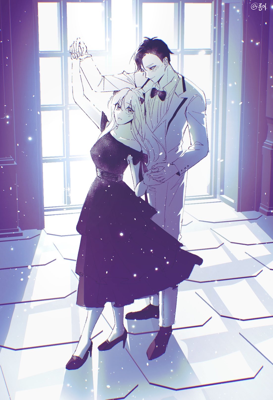 paper 28, anya (spy x family), damian desmond, spy x family, commentary request, highres, 1boy, 1girl, aged up, artist name, bow, bowtie, cone hair bun, couple, dancing, dress, formal clothes, hair bun, hairpods, high heels, long hair, looking at another, looking at viewer, monochrome, short hair, single off shoulder, suit, window