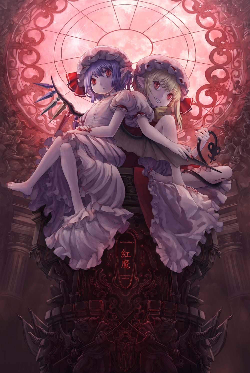 masakichi, flandre scarlet, laevateinn, remilia scarlet, touhou, highres, 2girls, back-to-back, barefoot, bat wings, blonde hair, blue hair, crossed legs, demon tail, feet, female focus, hat, mob cap, multiple girls, nail polish, pointy ears, red eyes, red nails, short hair, siblings, sisters, sitting, slit pupils, tail, toenail polish, toenails, wings