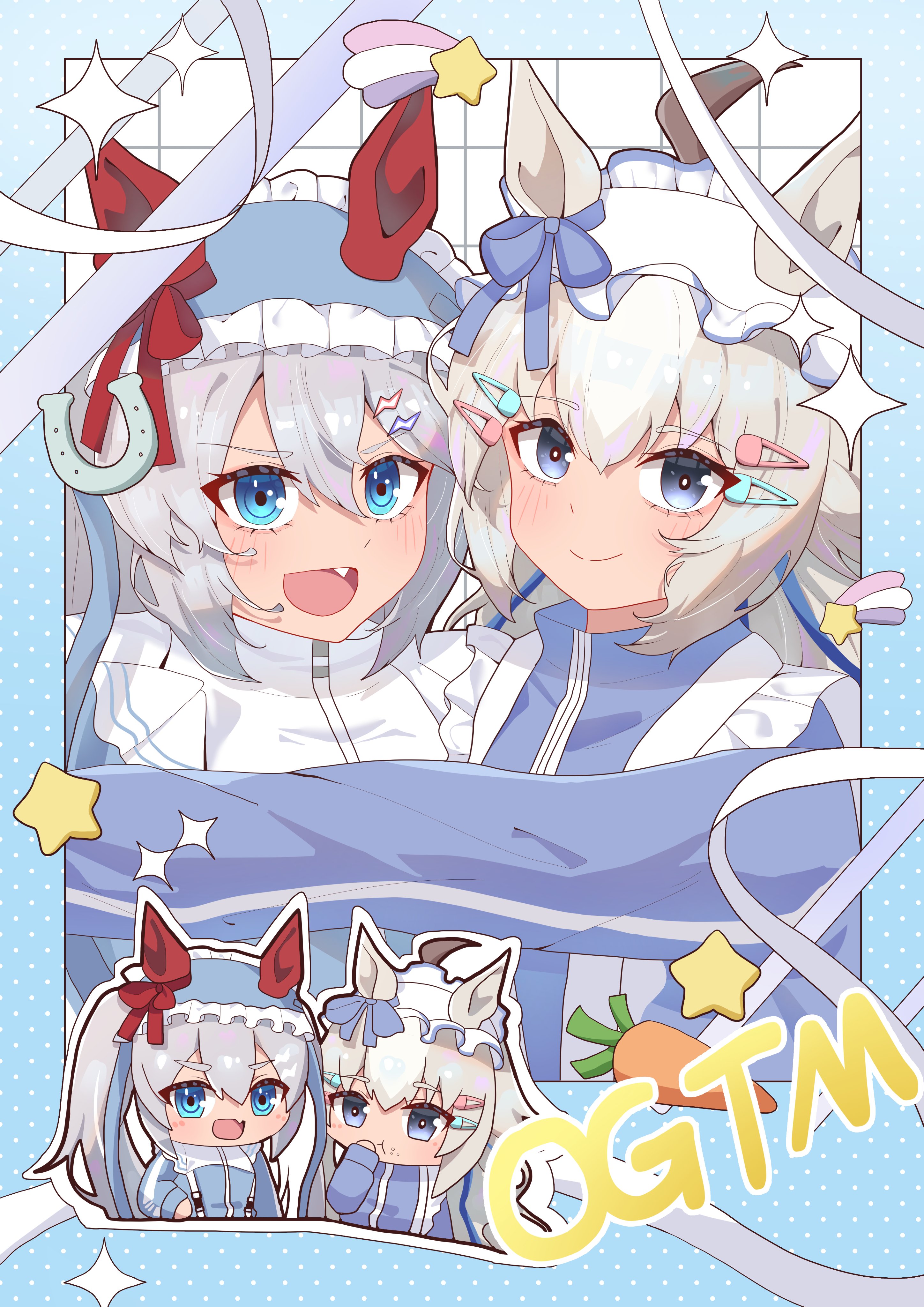 nanaken (qijian23092715), oguri cap (umamusume), tamamo cross (umamusume), umamusume, umamusume: cinderella gray, absurdres, highres, 2girls, ahoge, alternate costume, animal ears, blue eyes, blue hair, blue headdress, blue jacket, blush, carrot, closed mouth, crumbs, ear covers, fang, food, food on face, frills, grey hair, hair between eyes, hair ornament, hairclip, horse ears, horse girl, horseshoe, hug, jacket, jersey maid, lightning bolt, lightning bolt hair ornament, lightning bolt symbol, long hair, long sleeves, looking at viewer, maid, multicolored hair, multiple girls, open mouth, smile, star (symbol), streaked hair, track jacket, turtleneck, turtleneck jacket, twintails, unconventional maid, very long hair, white headdress