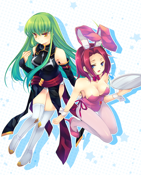 shinia, c.c., kouzuki kallen, code geass, pink legwear, 00s, 2girls, animal ears, boots, breasts, cleavage, detached collar, detached sleeves, fake animal ears, green hair, long hair, medium breasts, multiple girls, pantyhose, playboy bunny, rabbit ears, rabbit tail, red hair, short hair, tail, thigh boots, thighhighs, tray, wrist cuffs, yellow eyes