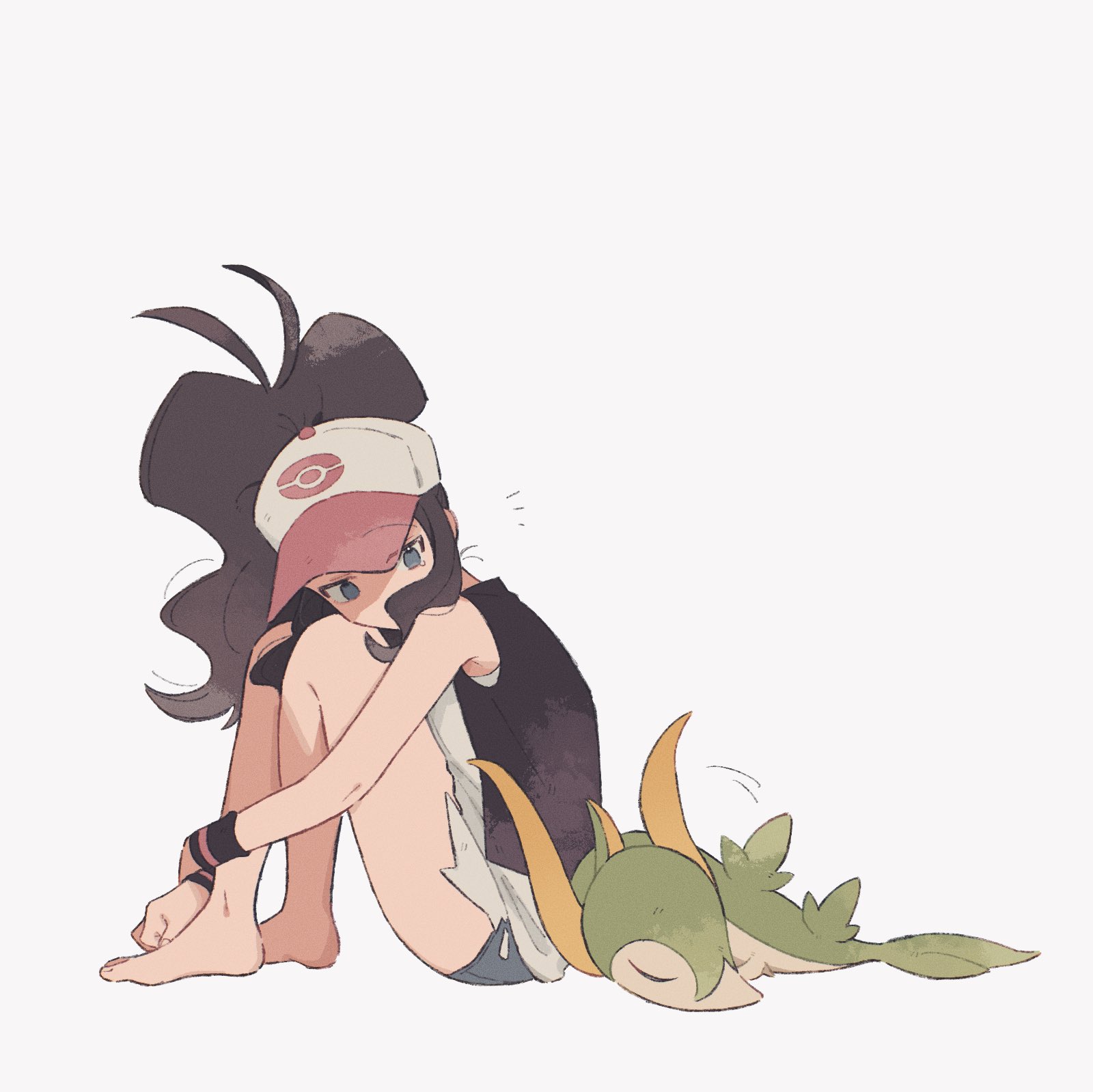 hime (himetya105), hilda (pokemon), servine, nintendo, pokemon, pokemon bw, highres, 1girl, barefoot, baseball cap, black vest, blue eyes, breasts, brown hair, closed eyes, cutoffs, denim, denim shorts, exposed pocket, gen 5 pokemon, hat, high ponytail, knees up, long hair, open clothes, open vest, poke ball print, pokemon (creature), ponytail, shirt, short shorts, shorts, sidelocks, simple background, vest, white background, white shirt, wristband