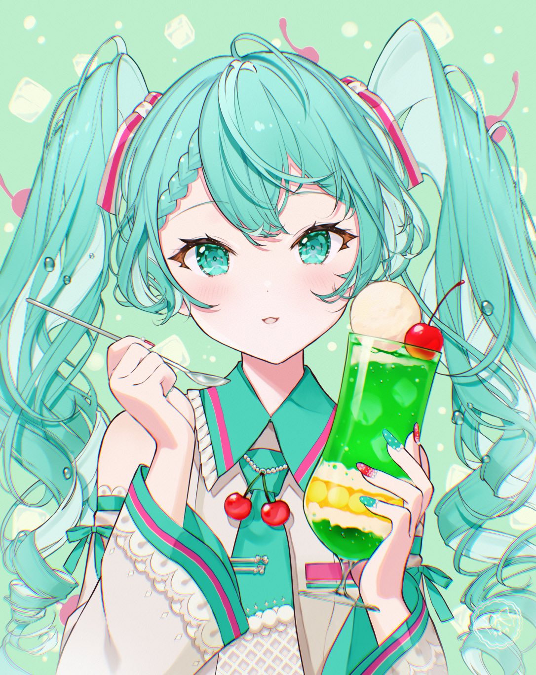 croix (croixtw), hatsune miku, vocaloid, commentary request, highres, translated, 1girl, aqua eyes, aqua hair, aqua nails, aqua necktie, aqua trim, blush, braid, collared shirt, cup, detached sleeves, food, hair between eyes, hair ornament, holding, holding cup, holding spoon, ice cream, ice cream float, long hair, long sleeves, necktie, open mouth, red nails, shirt, solo, spoon, twintails, very long hair, white shirt